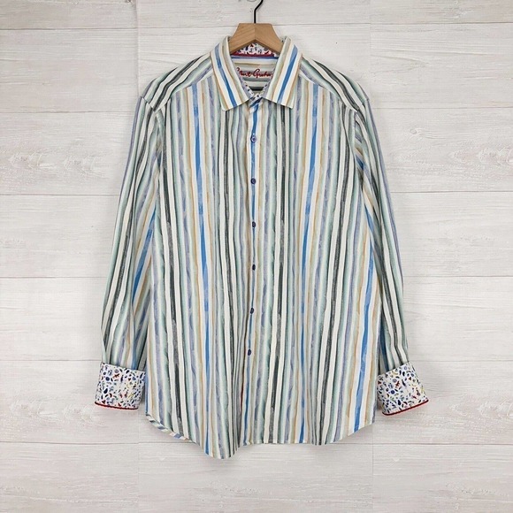 Robert Graham Mens Button Up Shirt XL Flip Cuff Striped Blue White Long Sleeves - Picture 1 of 15